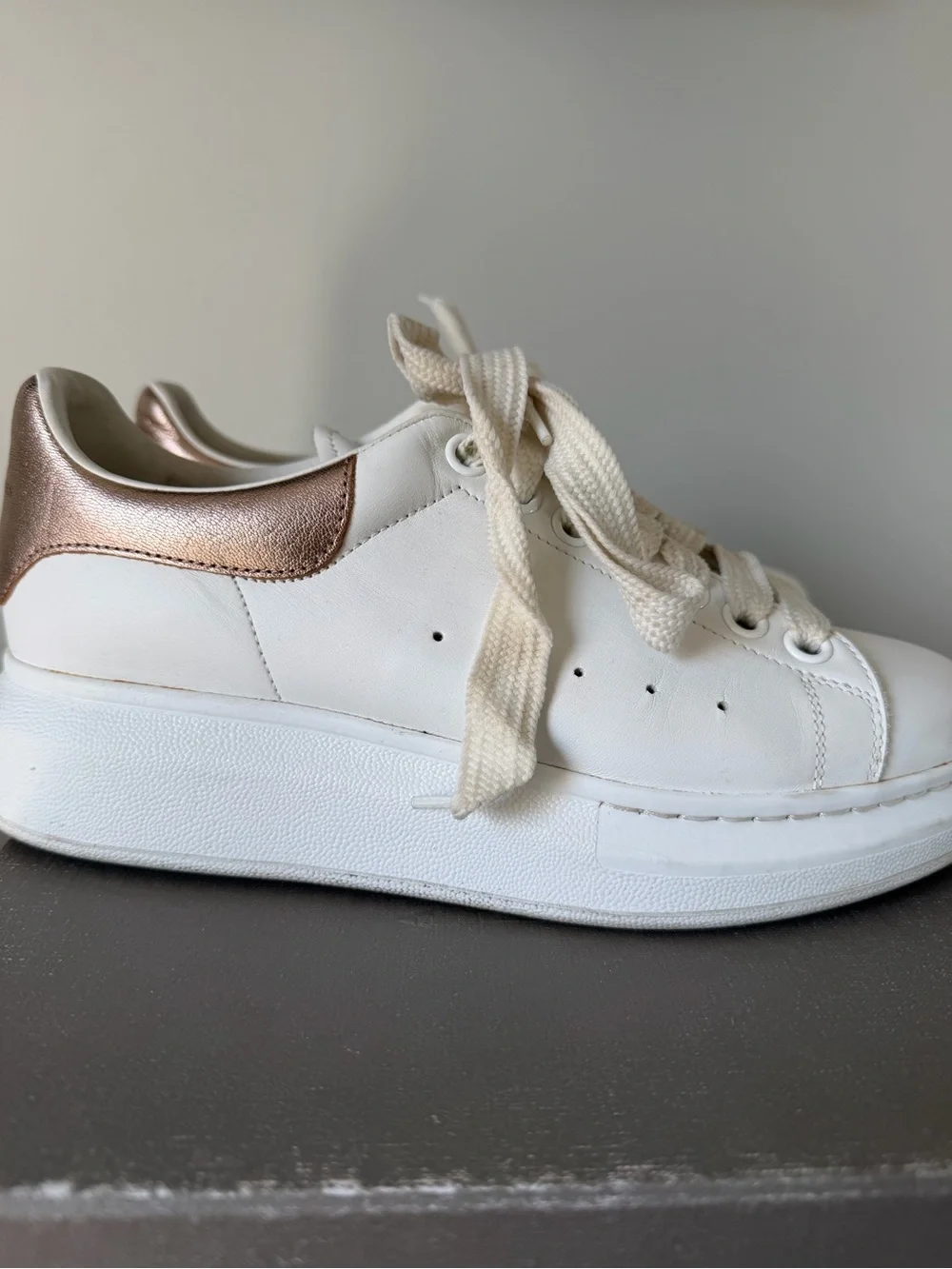 Alexander McQueen White Leather Sneakers with Metallic Rose Heel